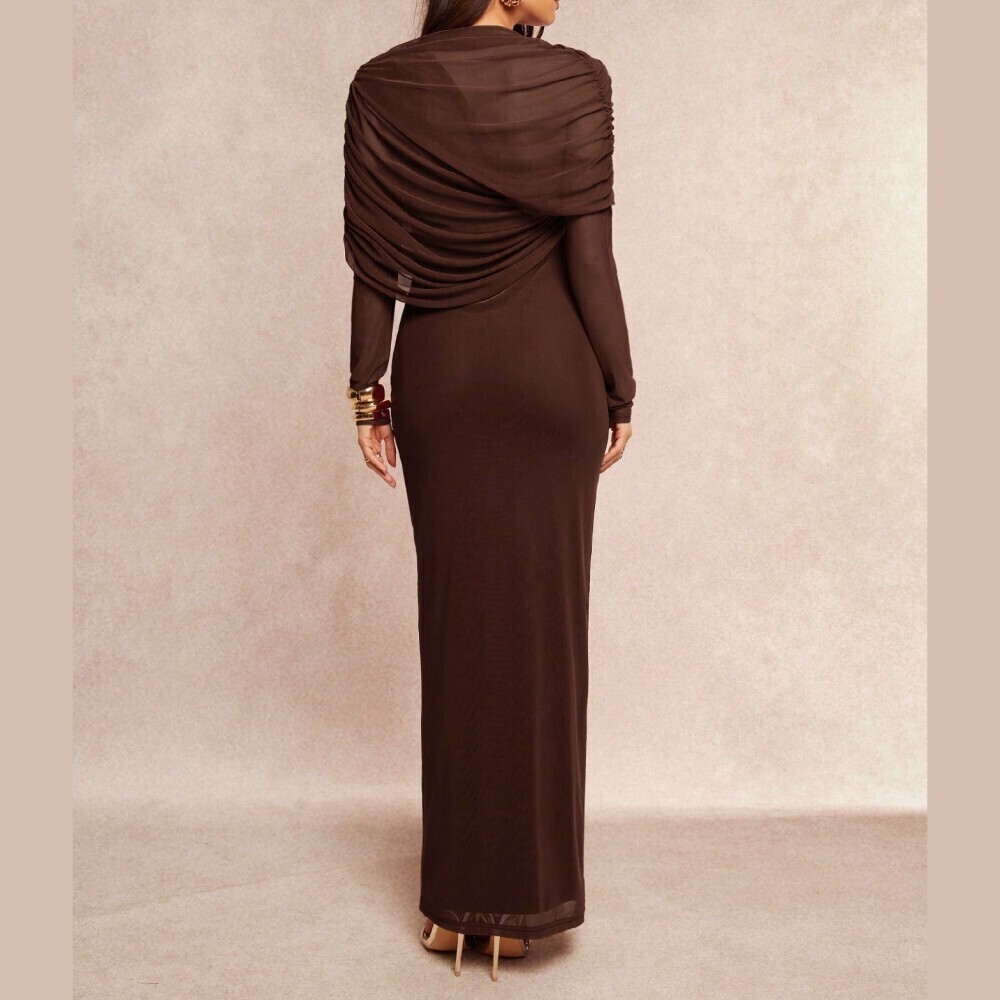 Espresso Brown Draped Cape Ruched Bodycon Sheer Maxi Dress - Picture 2 of 8